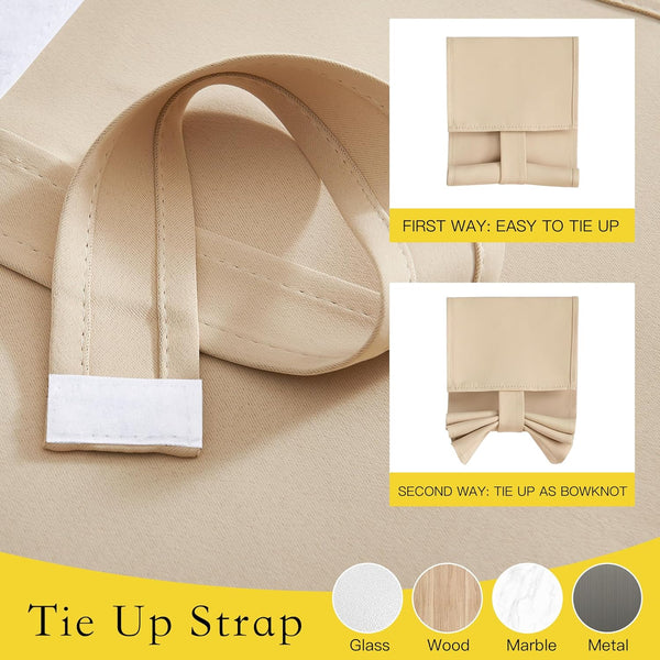 Beige fabric tie-up strap with white hook-and-loop fastener. Shows easy tie-up and decorative bowknot options.