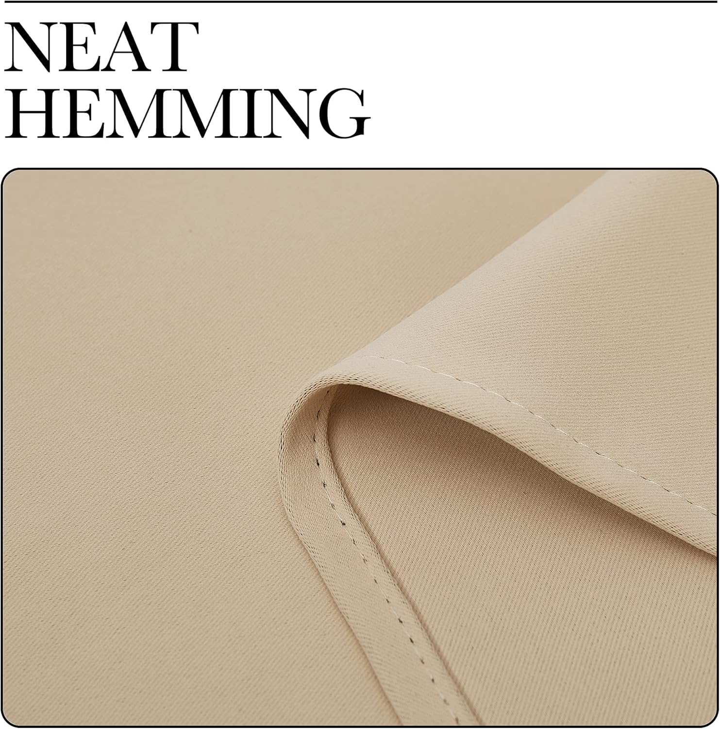 Detailed close-up of beige woven fabric showcasing neat hemming with precise, light-colored stitching.