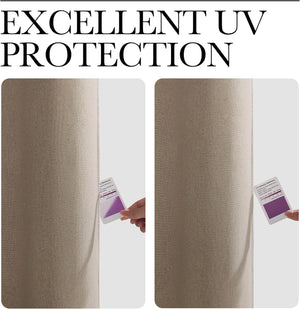 Beige woven fabric showcasing excellent UV protection with a UV intensity reference card.