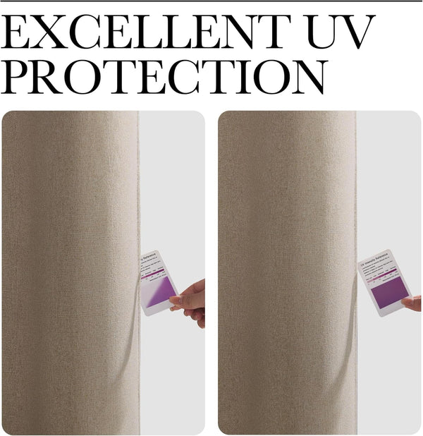 Beige woven fabric showcasing excellent UV protection with a UV intensity reference card.