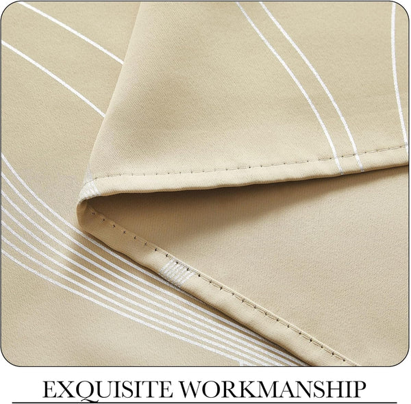 Detailed view of beige woven fabric featuring subtle white arcing stripes and a precisely sewn hem.