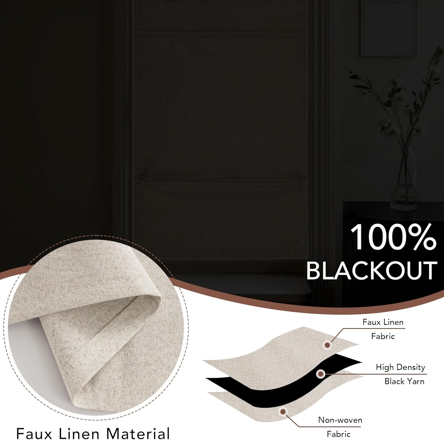 Light beige faux linen fabric with multi-layer construction and black yarn core, providing 100% blackout.