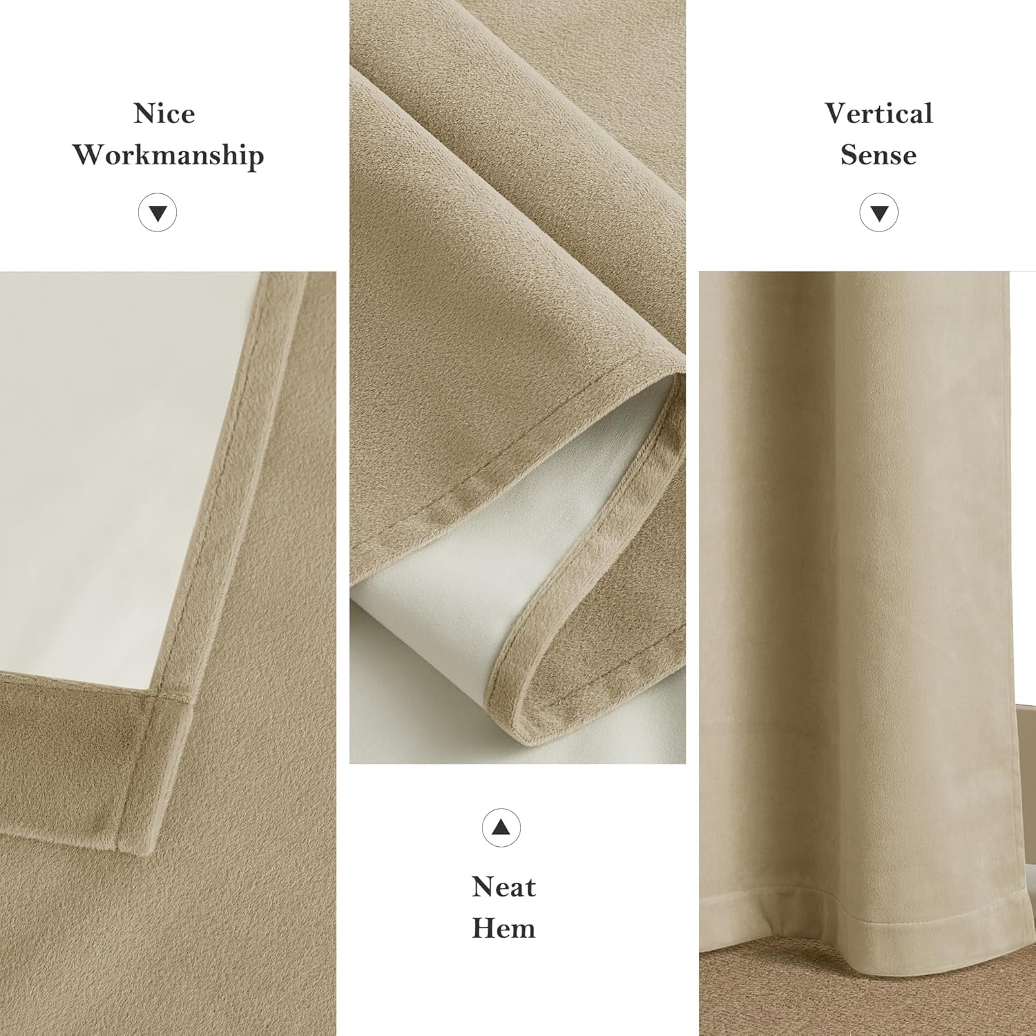 Close-up of plush beige faux suede curtains showing thick fabric, neat stitching, and white lining.