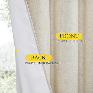 Close-up of a beige flax linen blend curtain showing the textured front and smooth white liner backing.