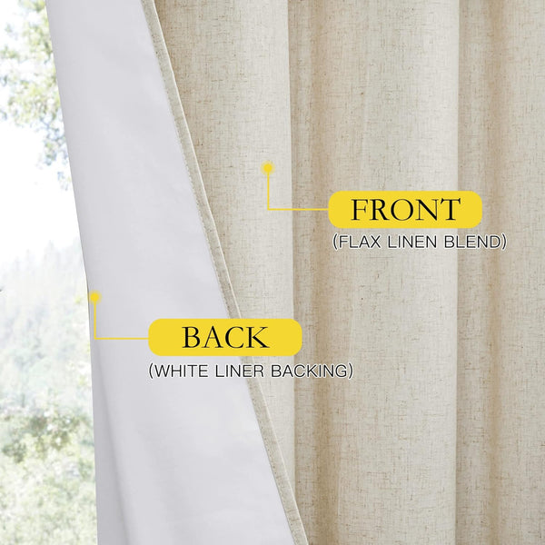 Close-up of a beige flax linen blend curtain showing the textured front and smooth white liner backing.