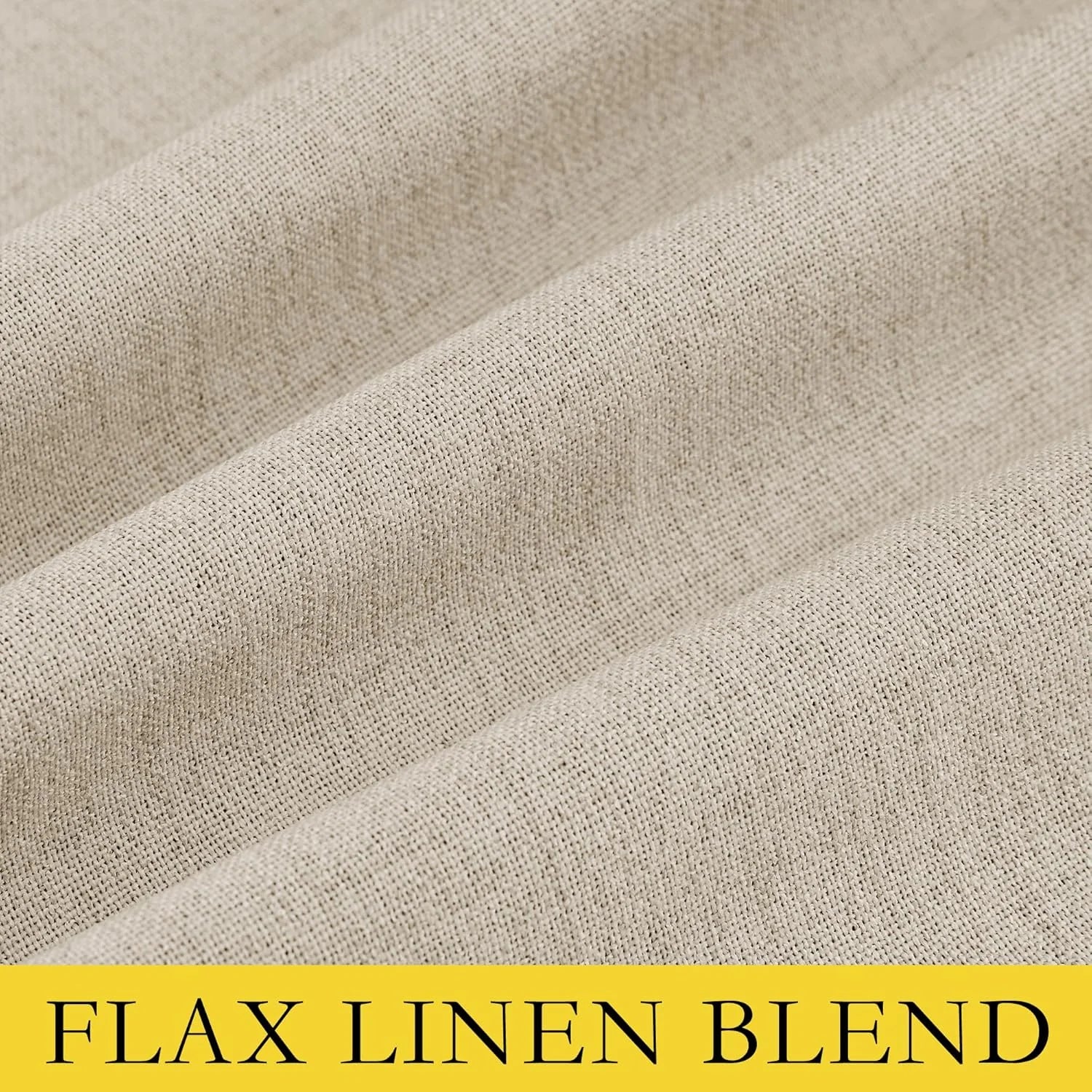Close-up of beige flax linen blend fabric with soft folds and woven texture