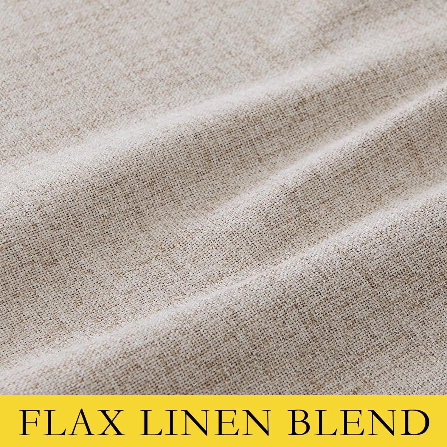 Close-up of beige flax linen blend fabric with soft woven texture and gentle folds