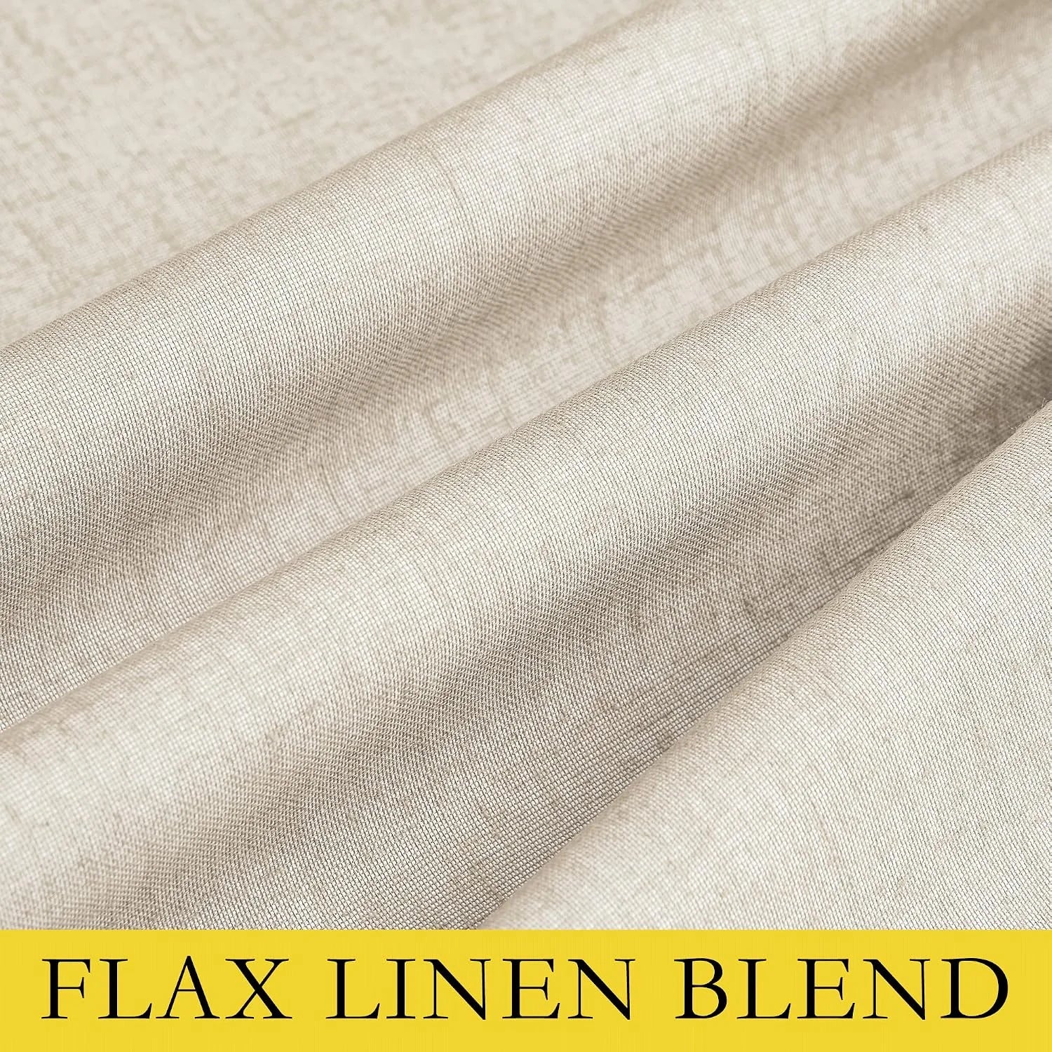 Close-up of beige flax linen blend fabric with soft drape and woven texture