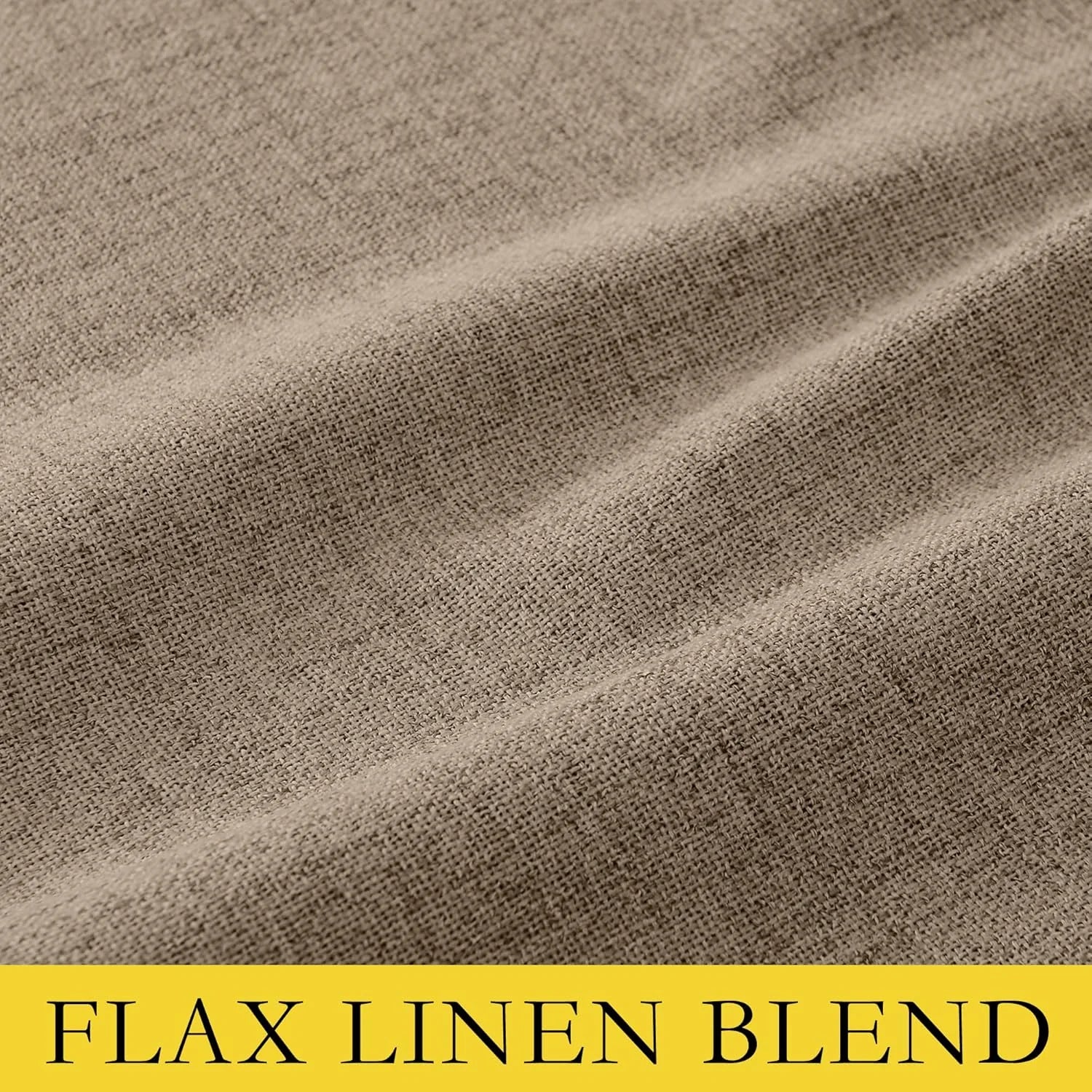 Close-up of beige flax linen blend fabric with soft folds and woven texture
