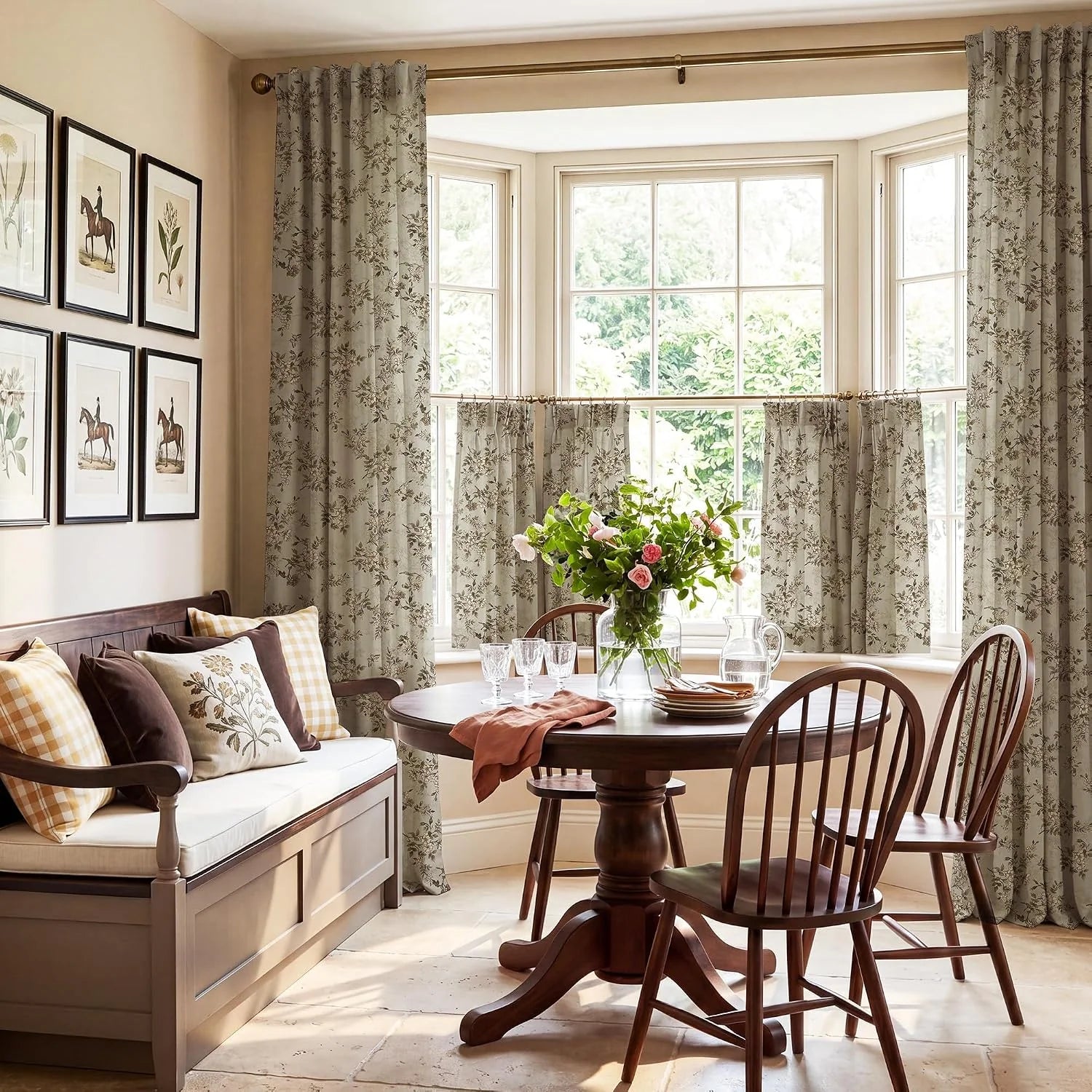 Beige floral curtains and cafe panels in a cozy farmhouse breakfast nook