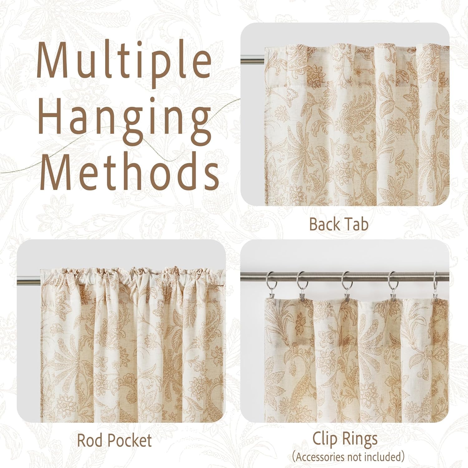 Beige curtains with brown floral pattern displaying back tab, rod pocket, and clip ring hanging methods.