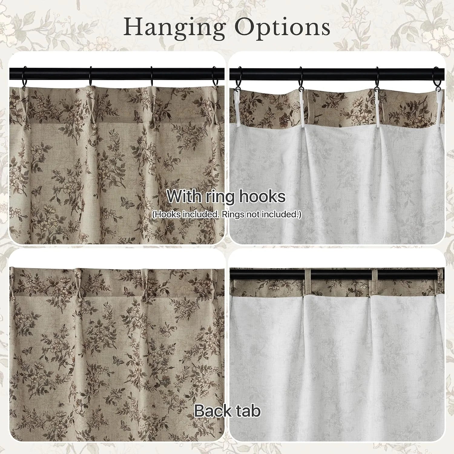 Beige floral linen curtain panel showing ring hook and back tab hanging options