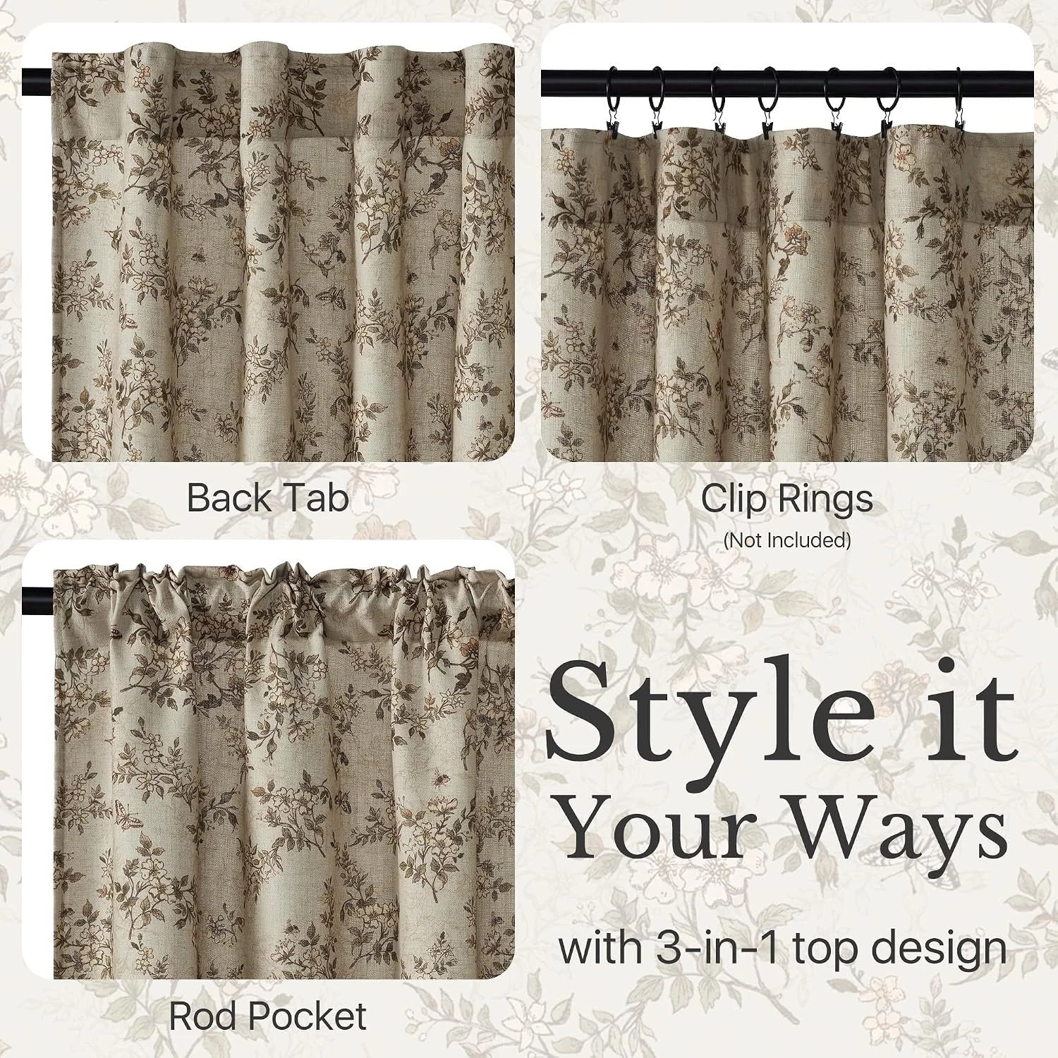 Beige floral curtain panel showing back tab, clip ring, and rod pocket hanging options