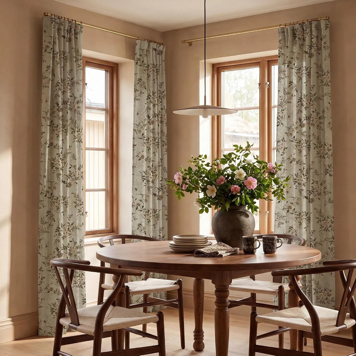 Beige floral curtains on brass rods in a warm dining room with wooden table