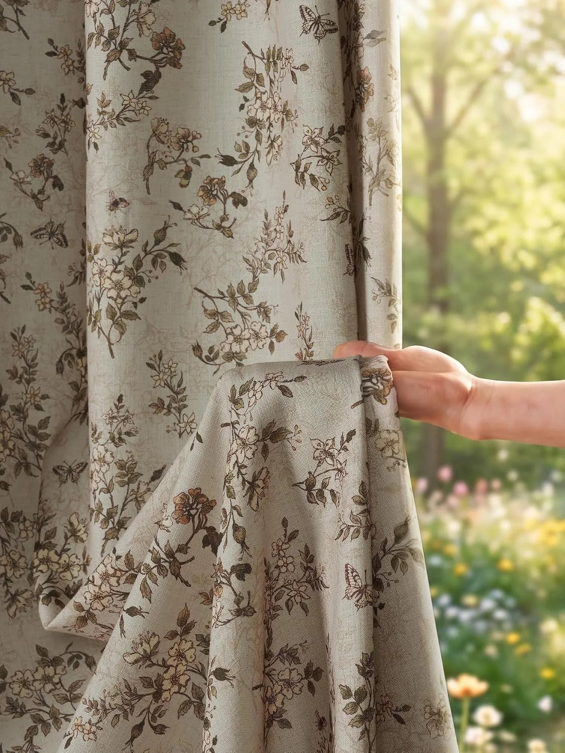 Beige floral linen-look curtain panel with botanical print held by hand near a window