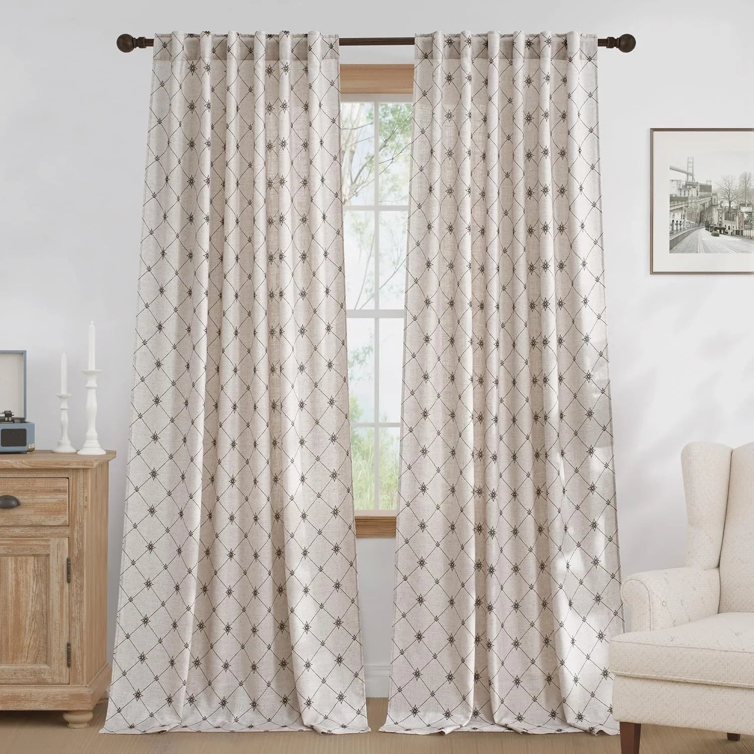 Beige linen-look curtains with geometric diamond pattern in a bright modern living room