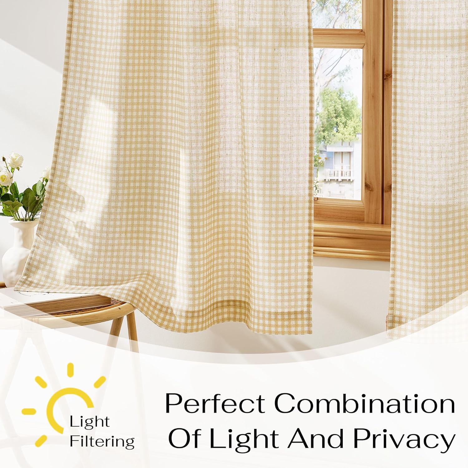 Beige and off-white gingham checked linen blend curtains providing light filtering privacy in a sunlit room.