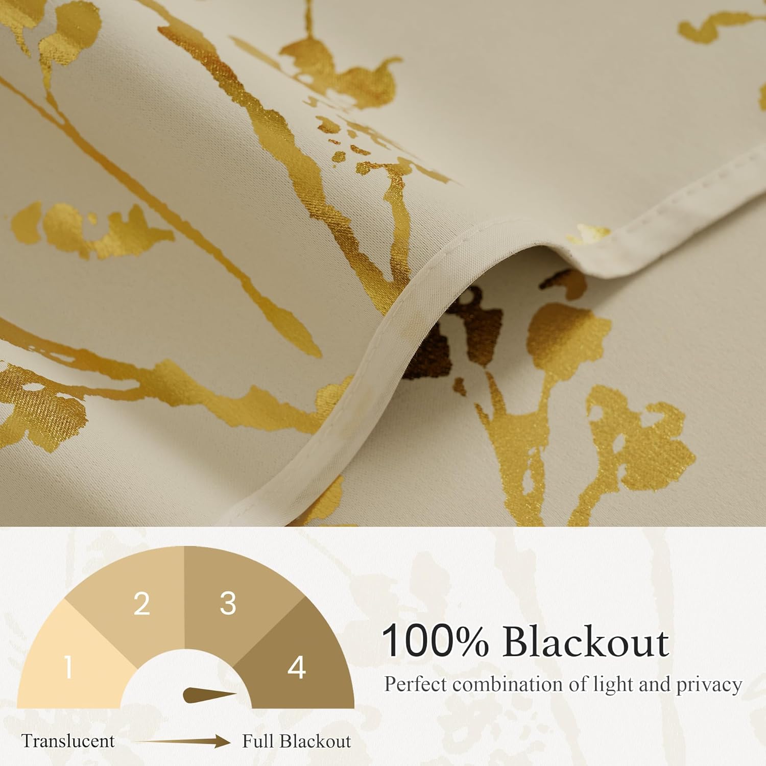 Close-up of beige blackout curtain fabric with shimmering gold abstract pattern, highlighting its 100% light-blocking feature.