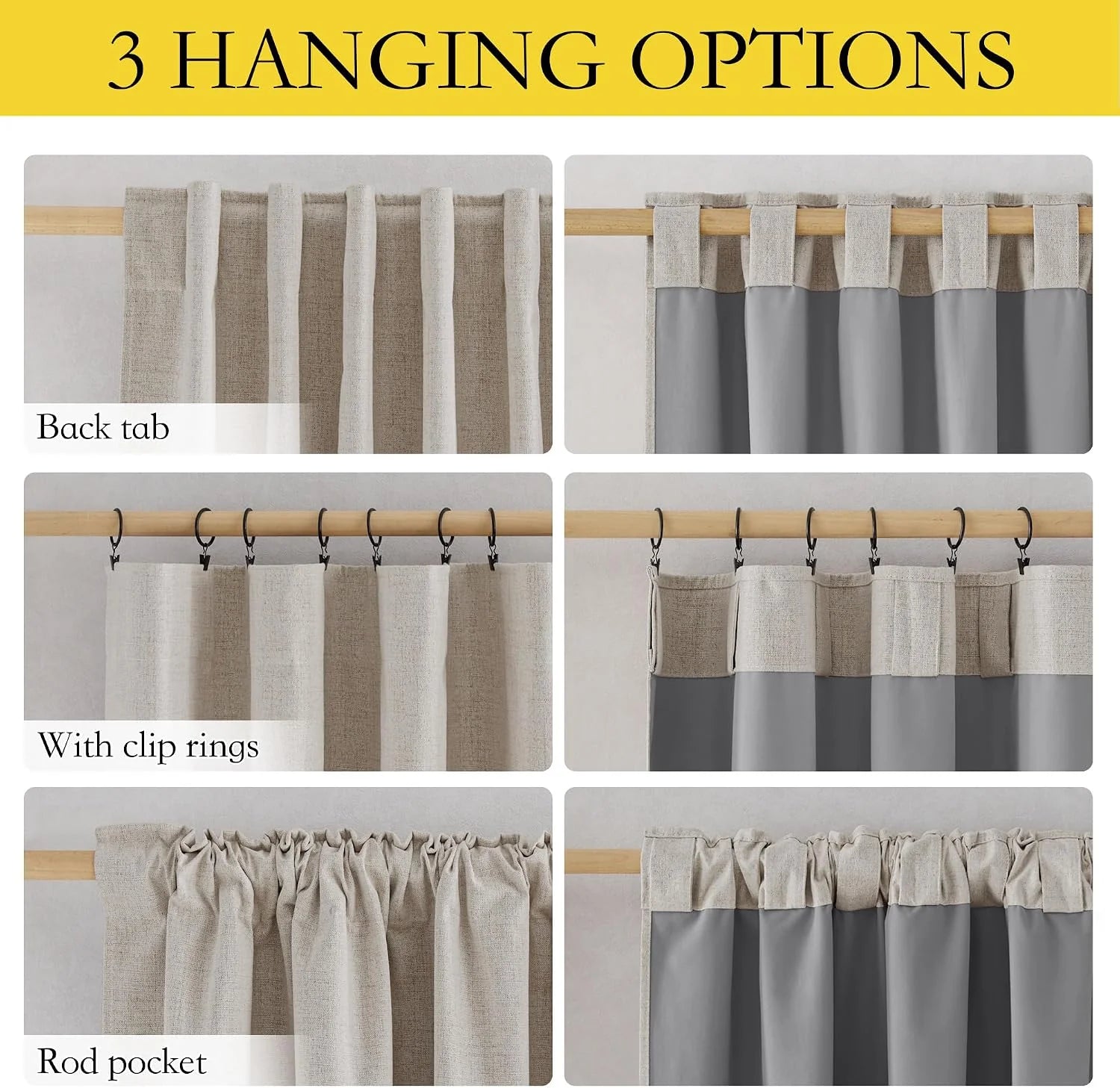 Curtain panel guide showing back tab, clip rings, and rod pocket hanging styles