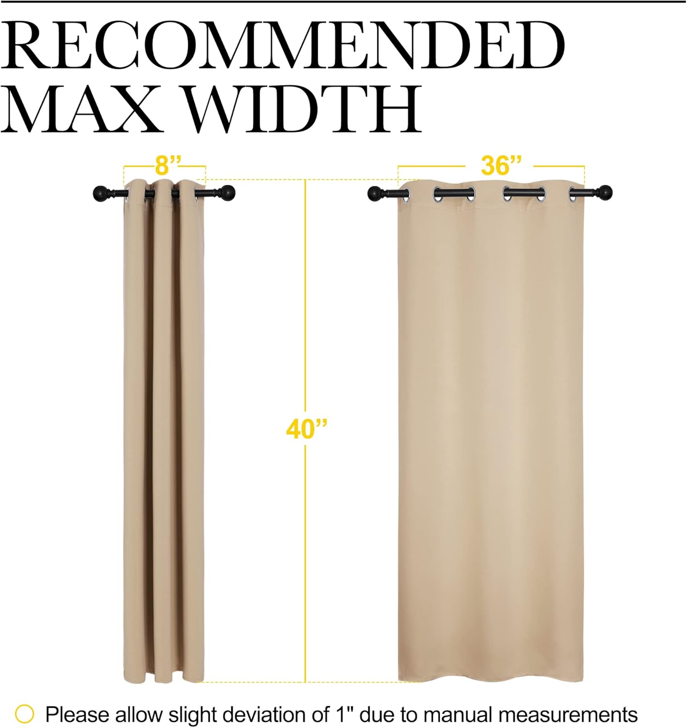 Beige grommet top curtains illustrating recommended width. One panel is 8 inches wide, another 36 inches, both 40 inches long.