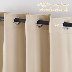 Beige grommet top curtains with silver rings on a black rod, showing a 1.6 inch opening.