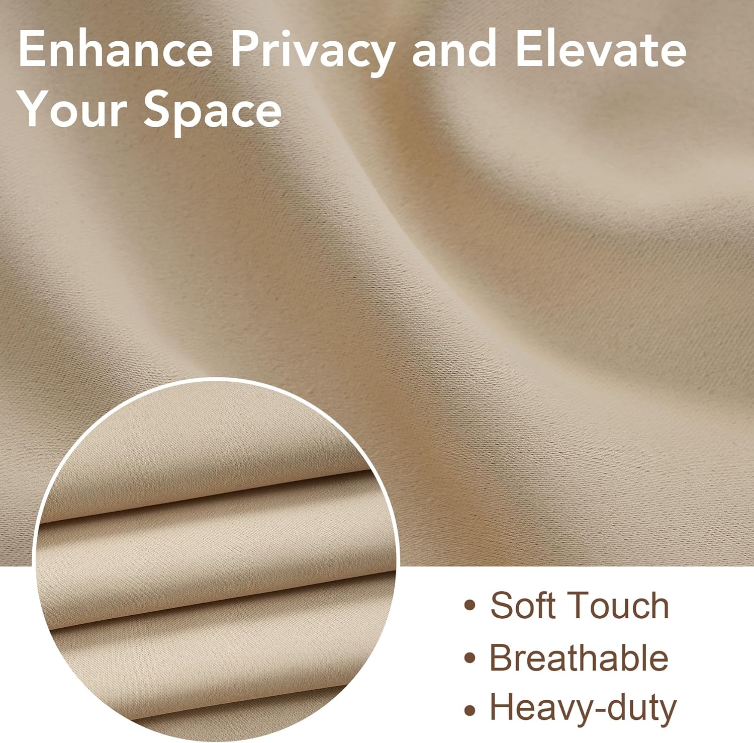 Close-up of a soft touch, breathable, heavy-duty beige fabric showing smooth texture and folds, ideal for privacy curtains.