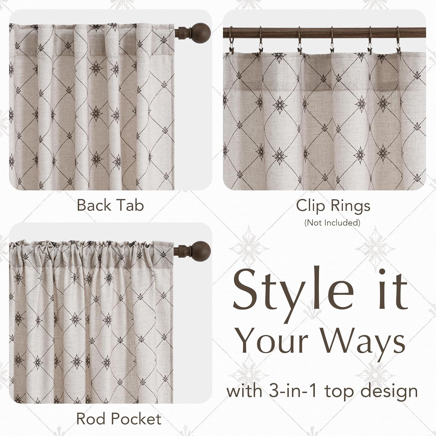 Beige linen lattice curtains showcase versatile 3-in-1 top: back tab, rod pocket, clip rings.