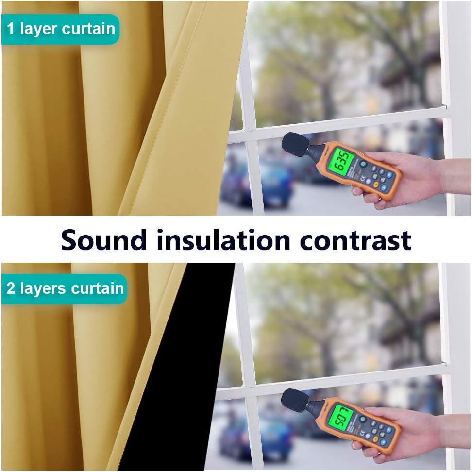 Beige layered curtains demonstrating sound insulation, reducing noise from 63.5 dB to 50.7 dB.