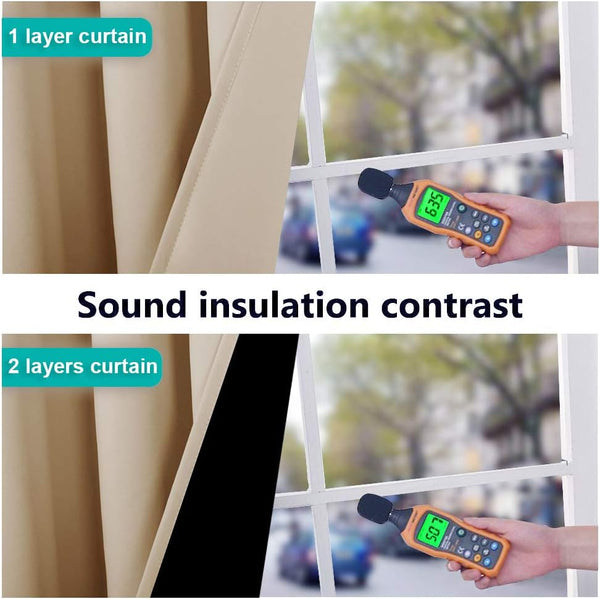 Beige layered soundproof curtains demonstrate noise reduction, showing 63.5 dB with one layer versus 50.7 dB with two.