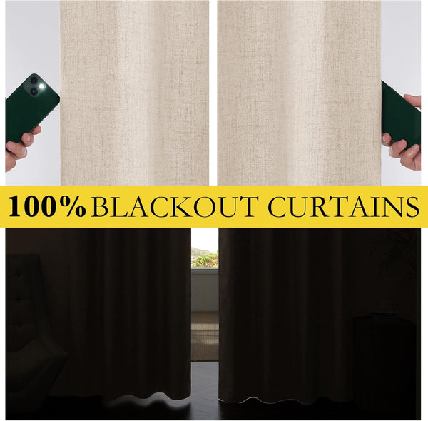 Beige linen textured blackout curtains block light, shown by a phone flashlight and a darkened room.