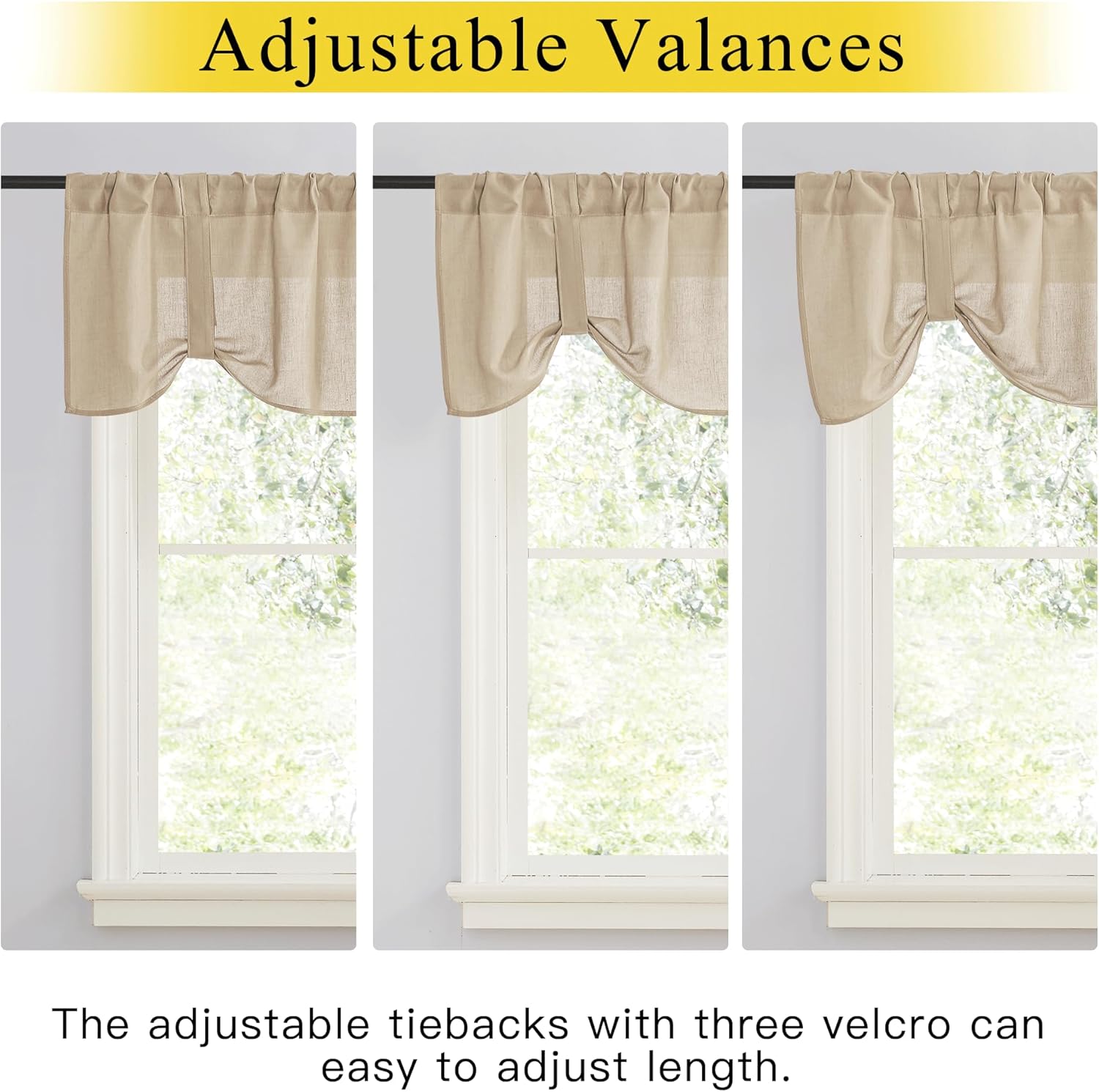 Beige linen textured valances with adjustable tiebacks are shown in three different swag lengths over windows.