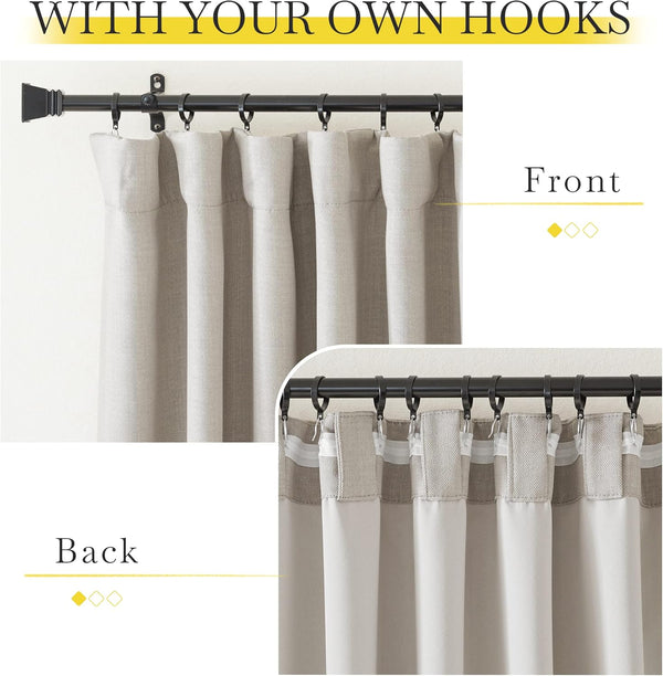 Light beige linen-look pleated curtains. Front view details woven texture, back view shows hooks on fabric loops.