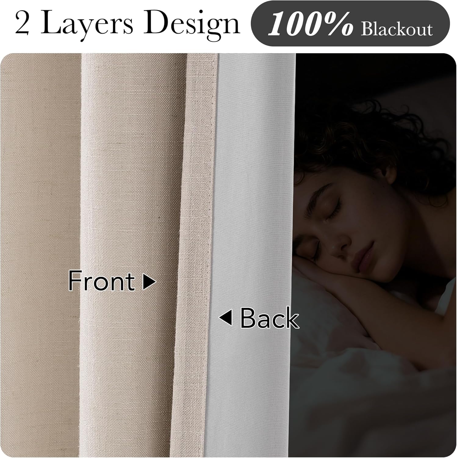 Close-up of beige linen textured two-layer blackout curtain, demonstrating 100% room darkening for sleep.