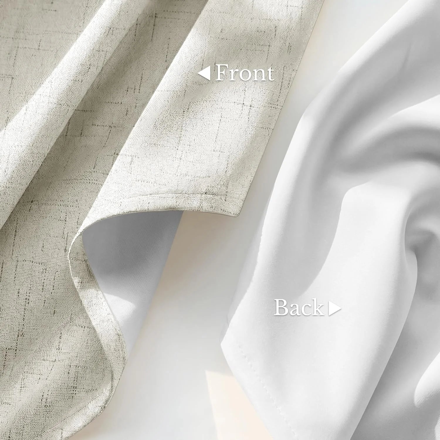 Beige linen-look blackout curtain fabric showing textured front and smooth white back