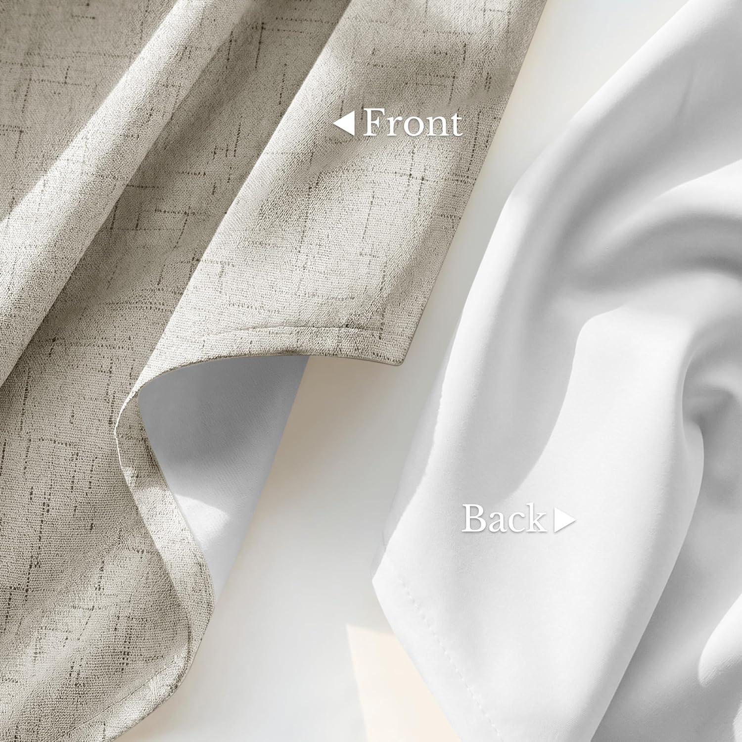 Textured beige linen-style curtain fabric showcasing its decorative front and smooth white blackout lining.