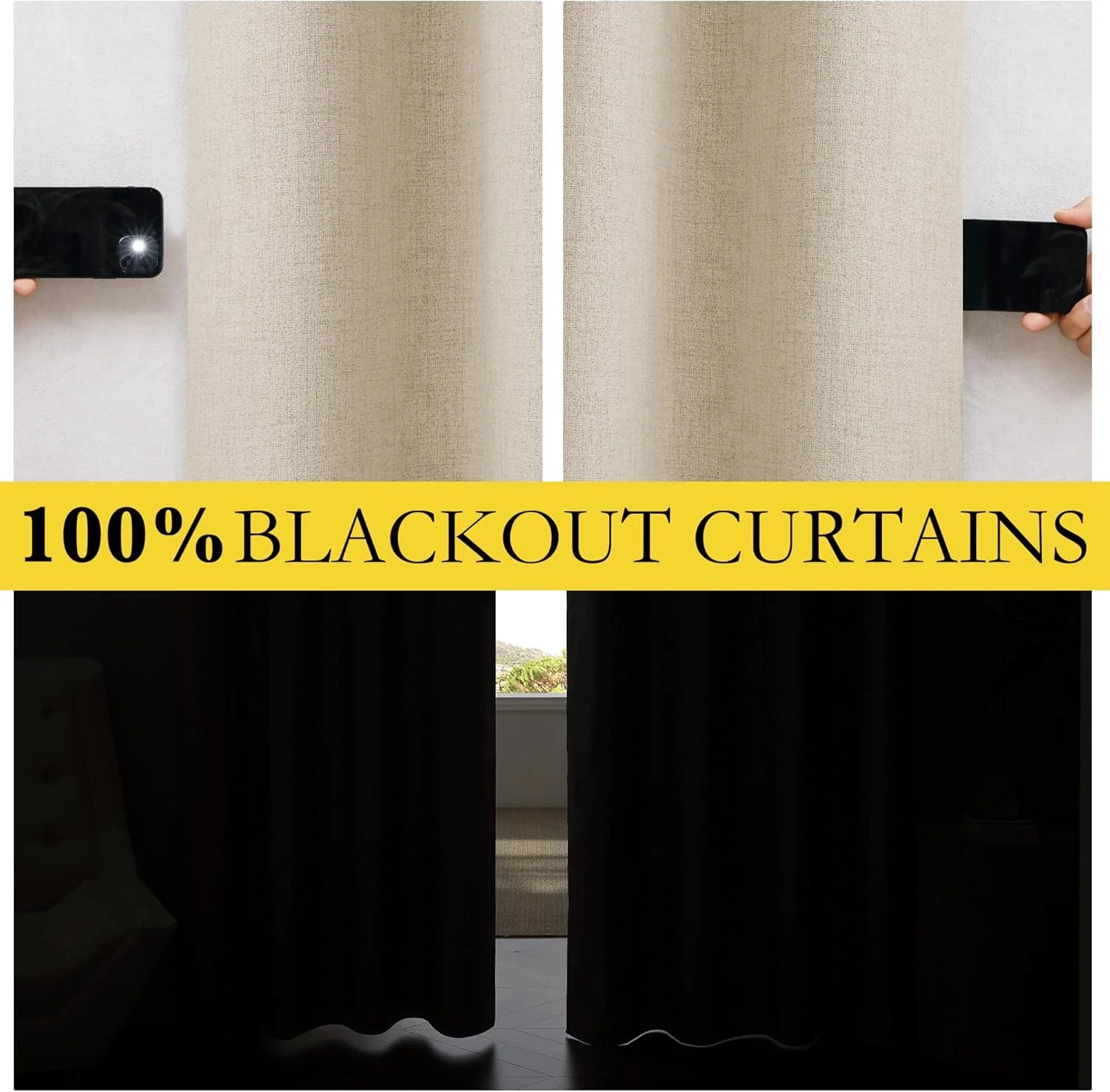Beige textured blackout curtain panel shown blocking phone flash and window light
