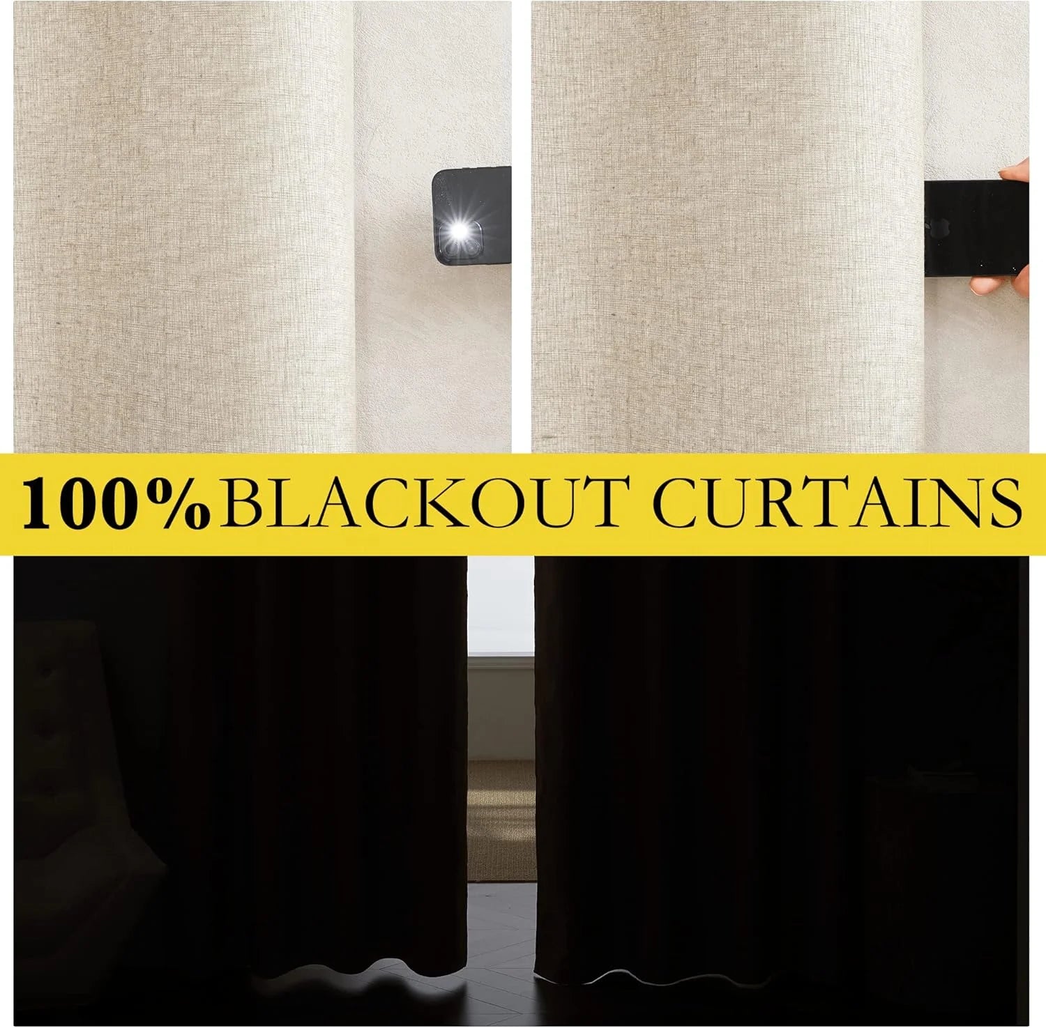 Beige textured blackout curtains shown blocking flashlight and window light