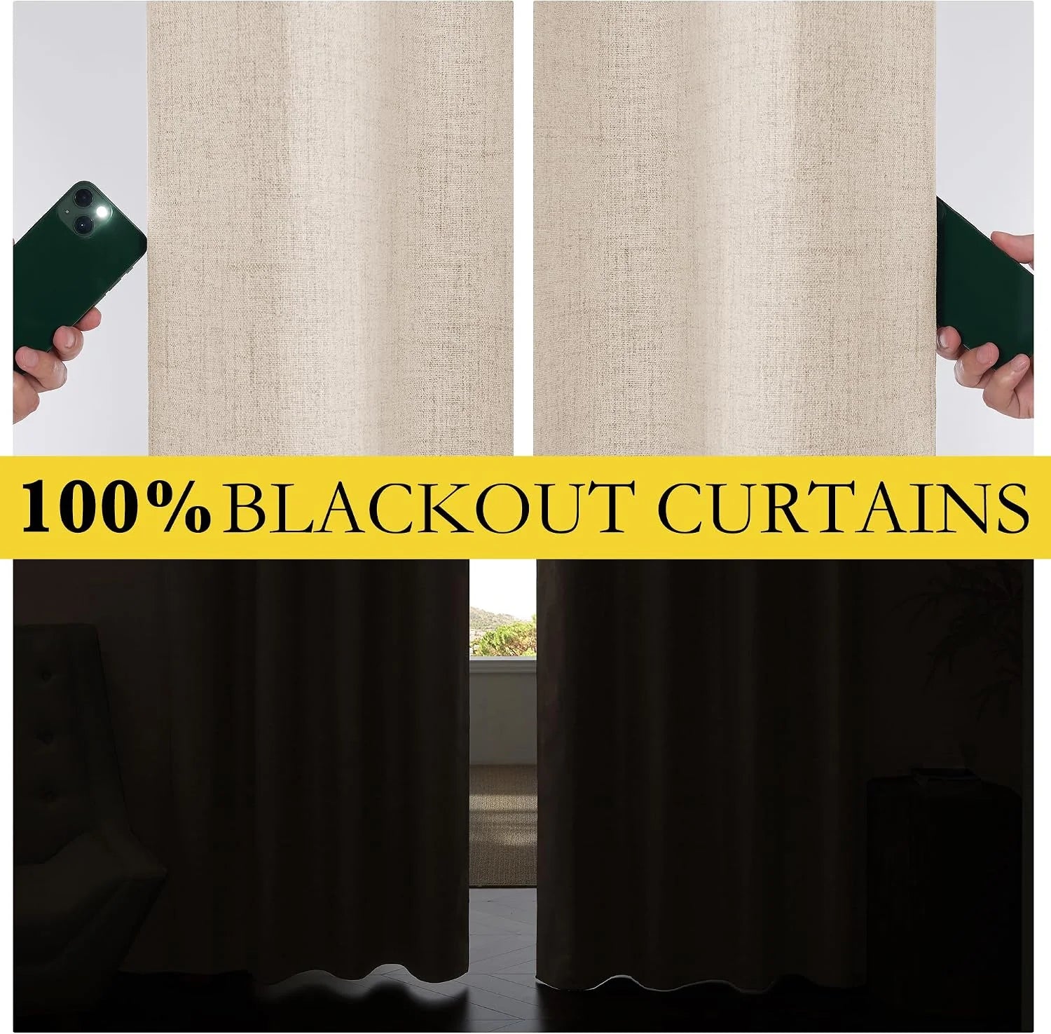 Beige textured blackout curtains shown blocking phone flashlight and window light