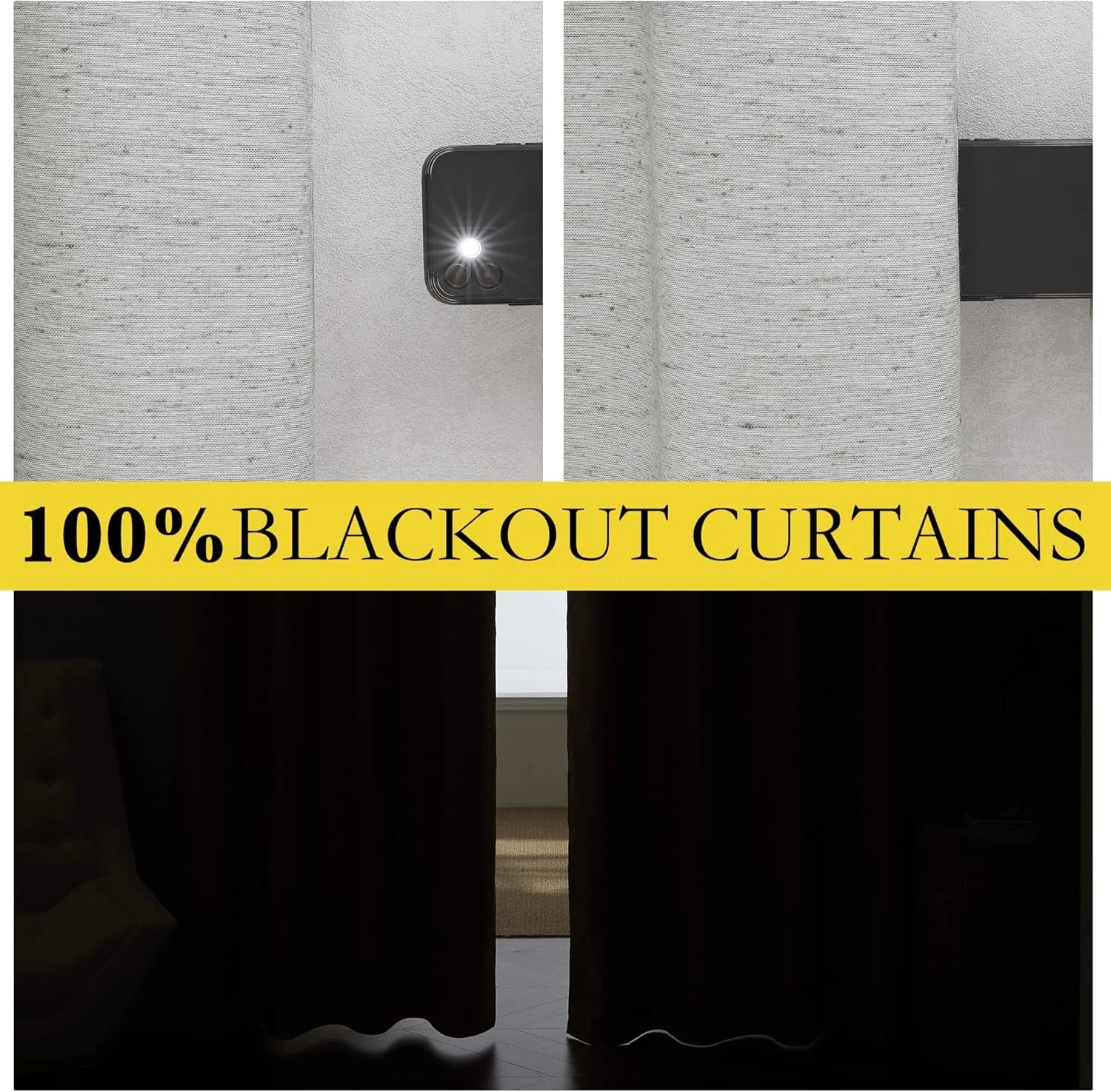 Beige linen-look blackout curtains shown blocking bright light in a dark room