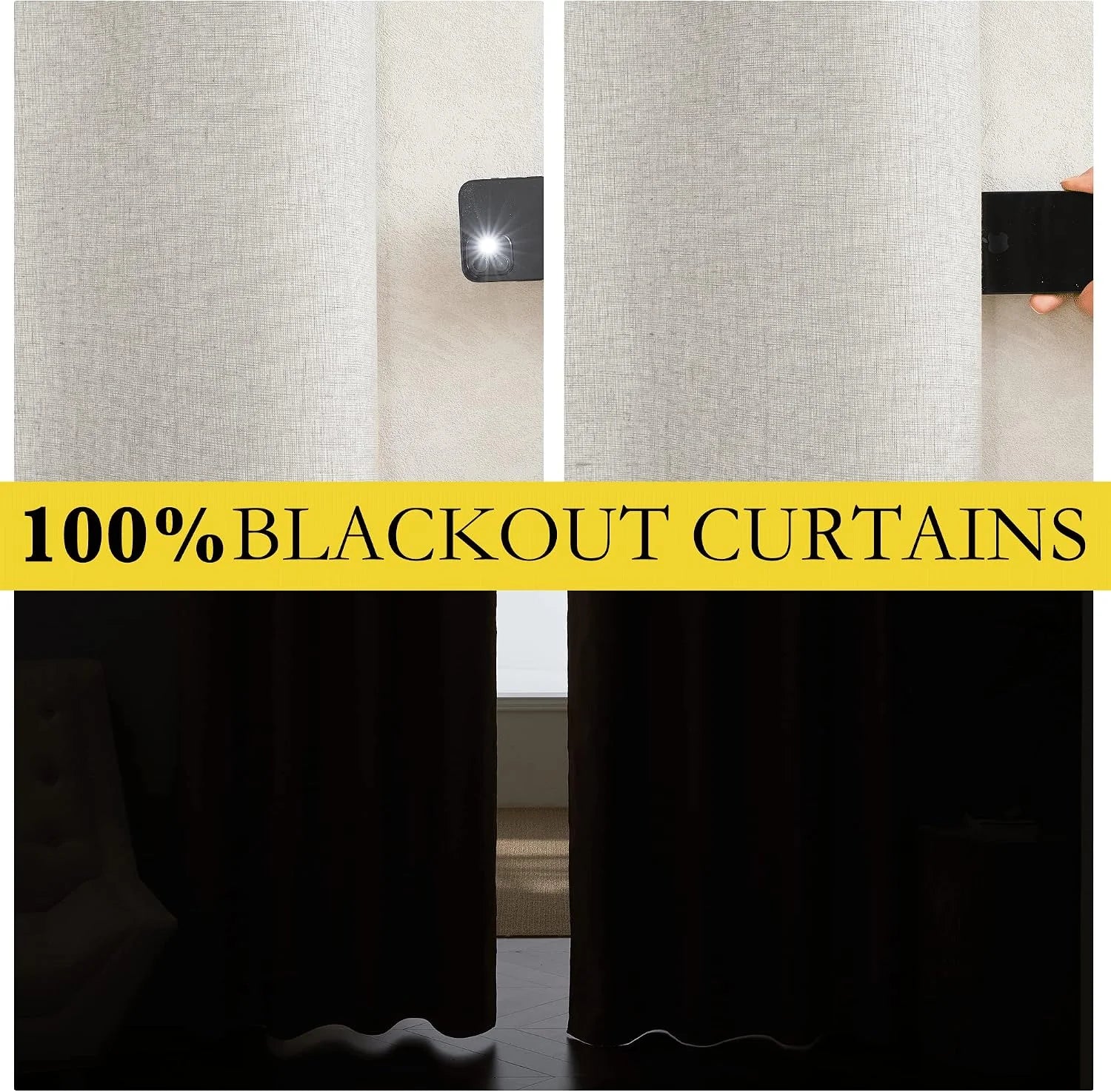 Beige textured blackout curtains shown blocking flashlight and window light