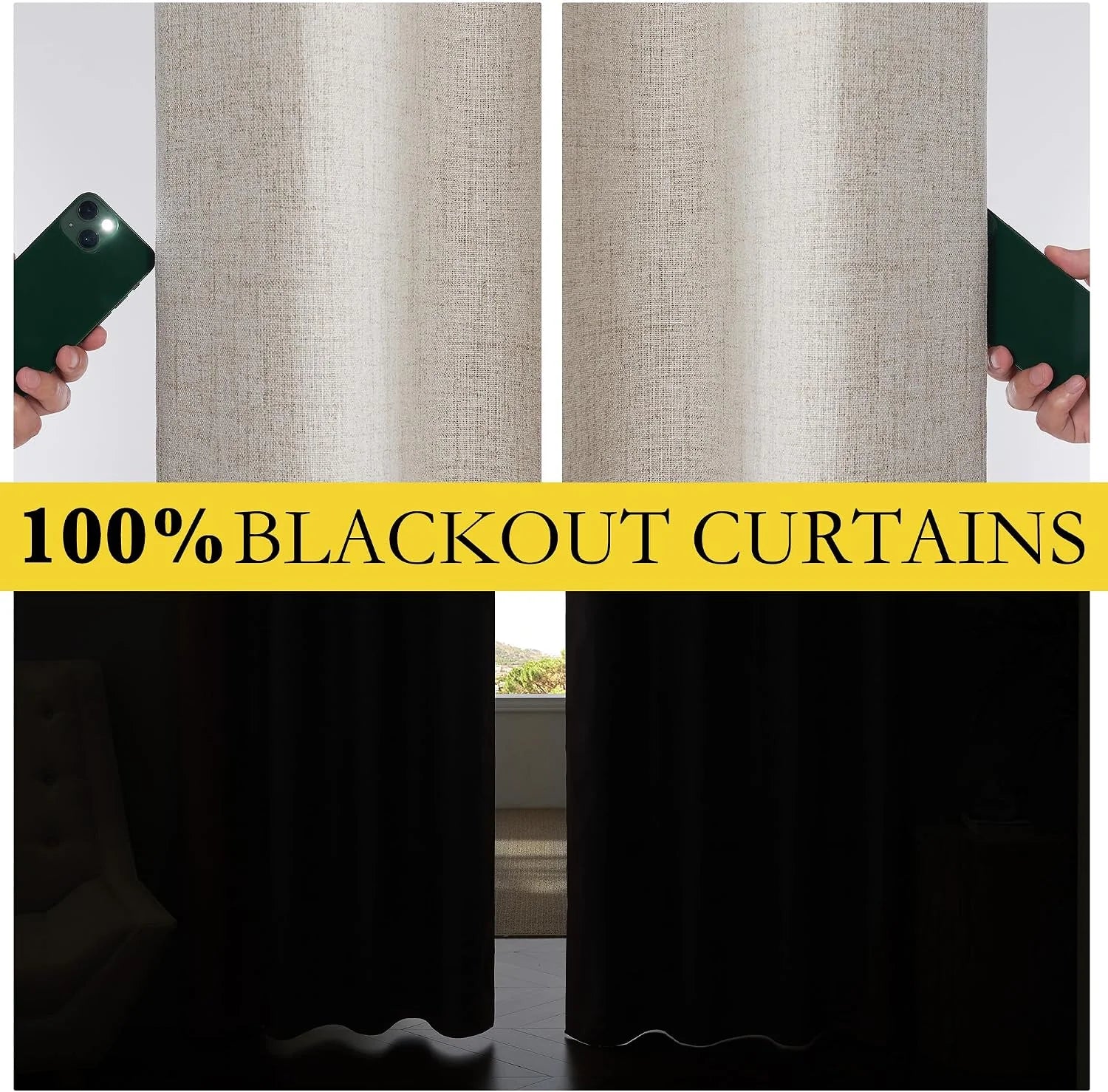 Beige textured blackout curtains shown blocking flashlight and window light in a room