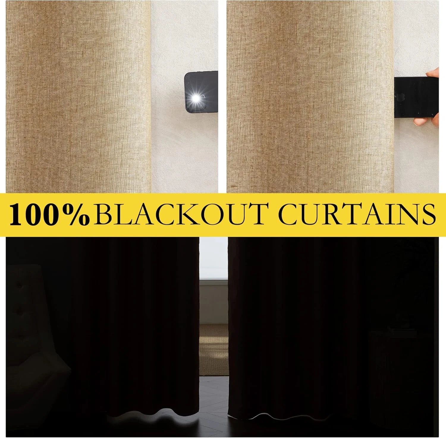 Beige textured blackout curtains shown blocking phone light and darkening a room