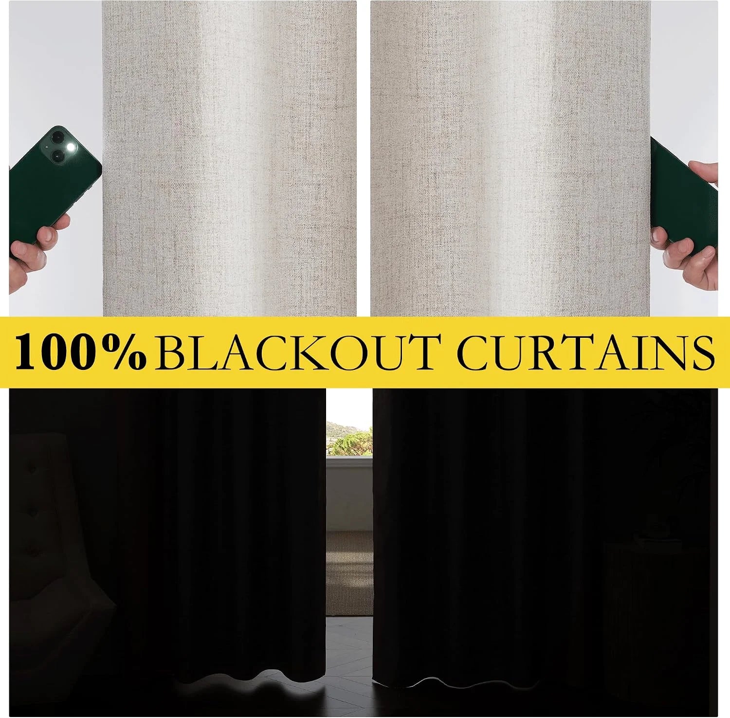 Beige textured blackout curtains shown blocking phone light and darkening a room