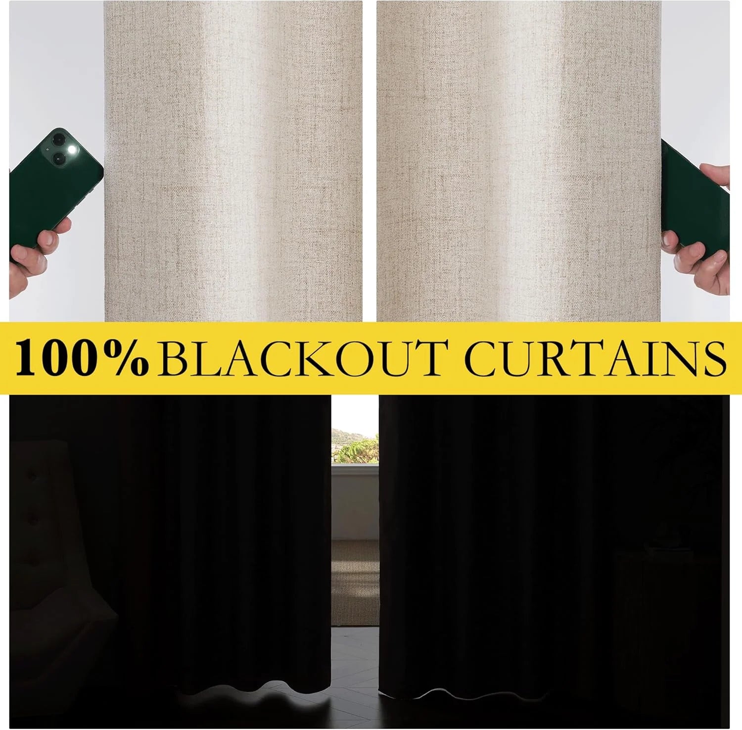 Beige textured blackout curtains shown blocking phone flash and daylight in a room