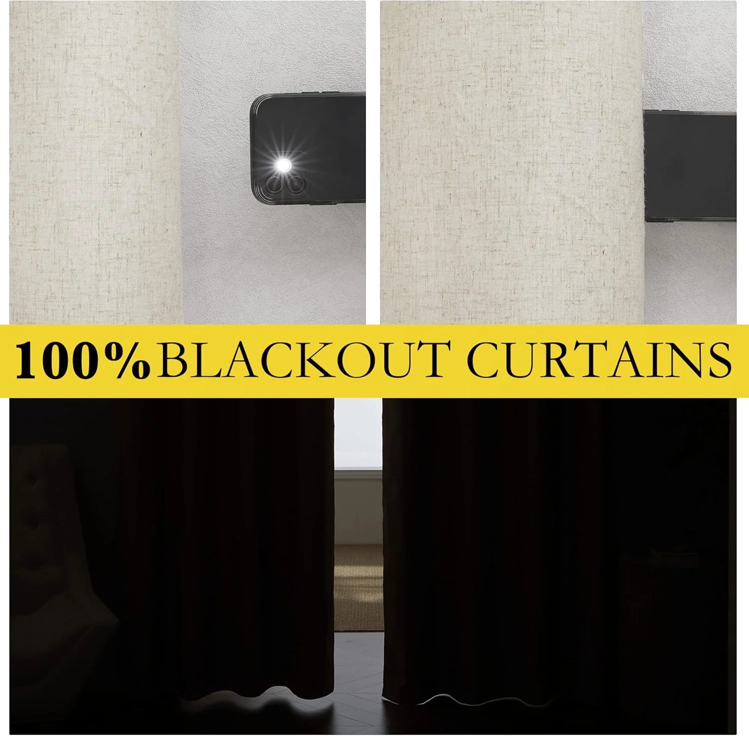 Beige textured blackout curtains shown blocking phone flash and room light