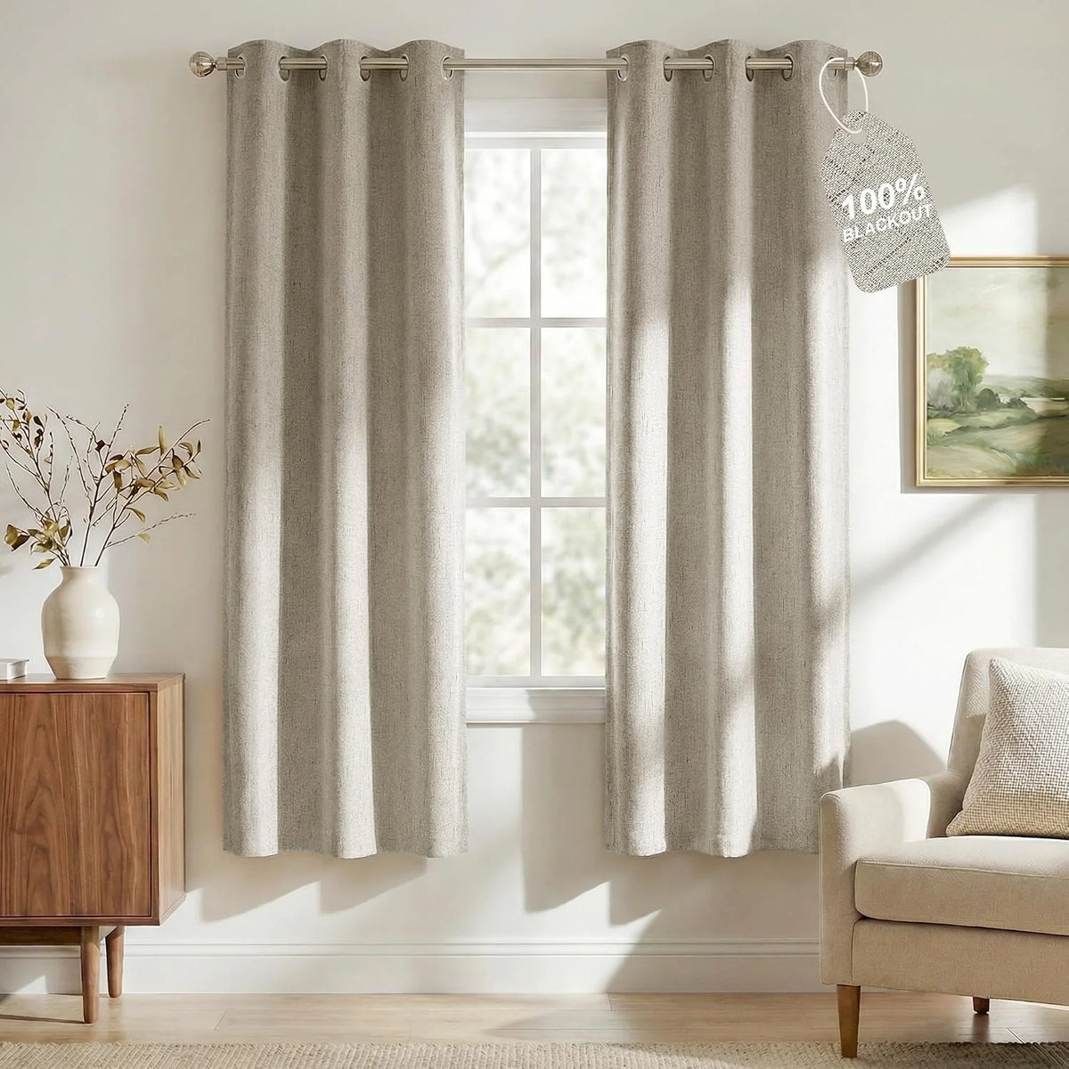 Beige textured blackout curtains with silver grommets in a bright modern living room