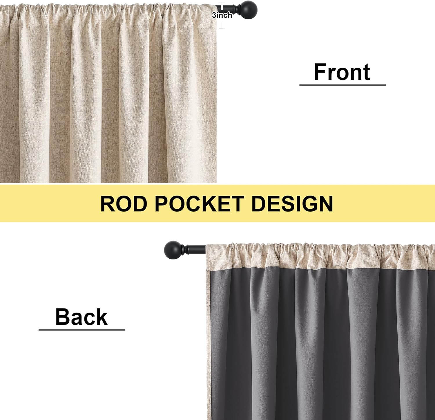 Front view of beige linen textured curtain with 3-inch rod pocket, revealing dark grey blackout lining.