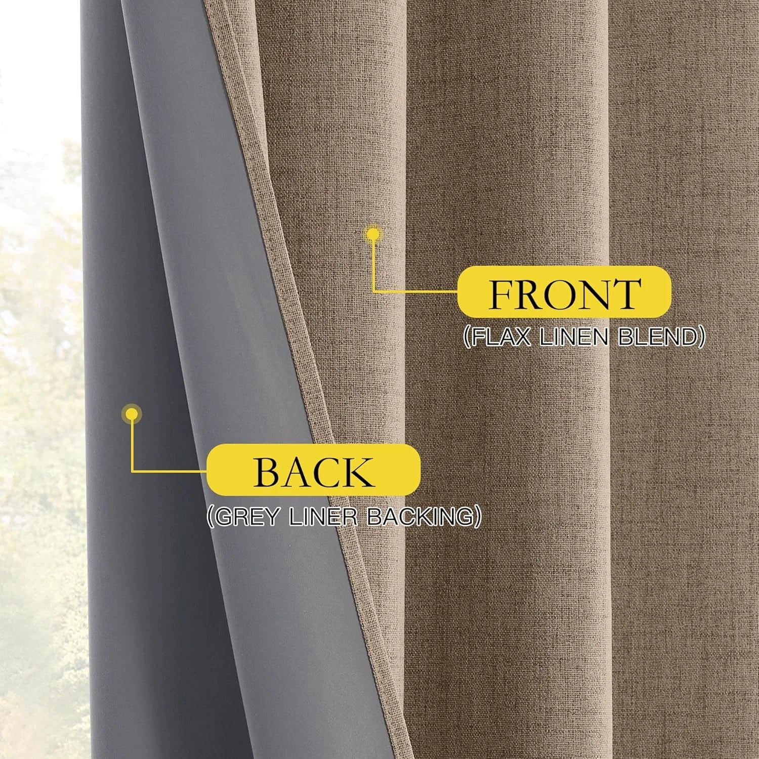 Beige flax linen blend curtain with grey liner backing shown in close-up
