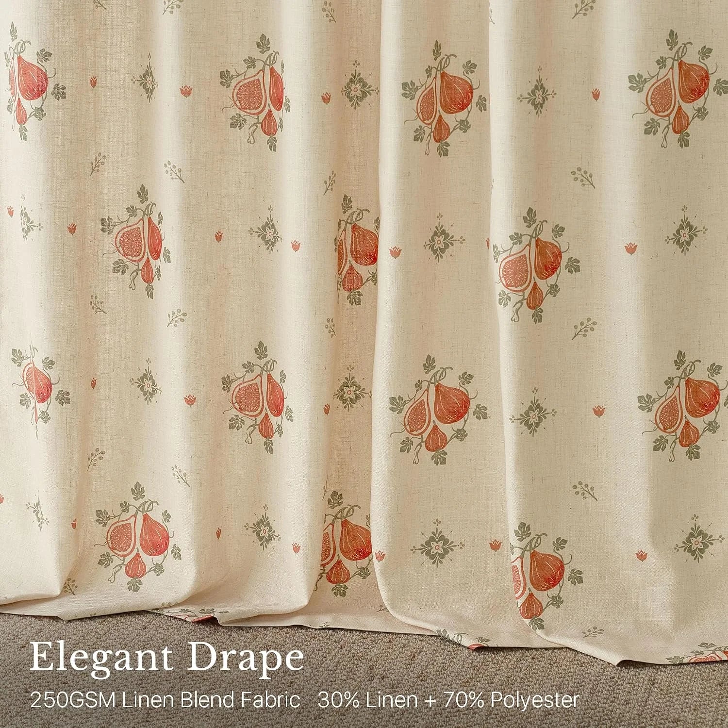 Beige linen blend curtain with terracotta fig print and soft elegant drape