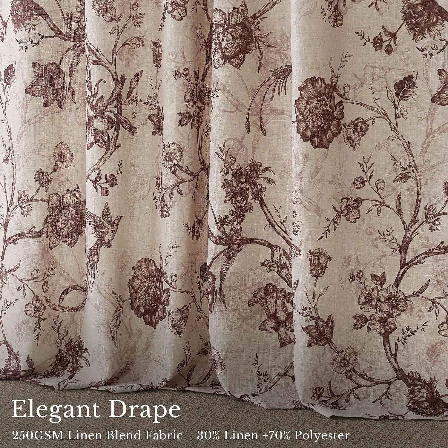 Beige linen blend curtain with brown vintage floral print and soft elegant drape